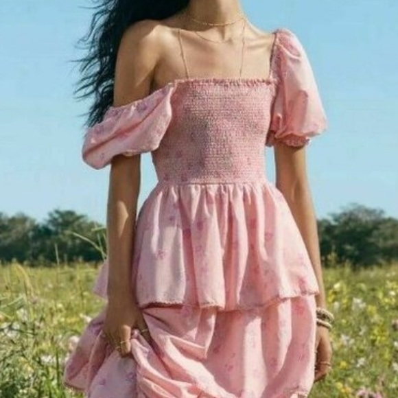 LoveShackFancy X Target Simone Pink Floral Smocked Ruffle Tiered Mini Dress S - Picture 1 of 8
